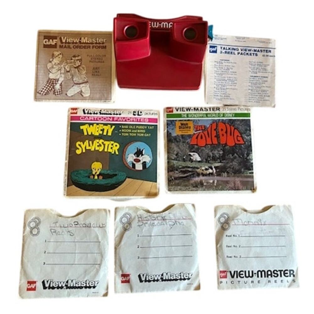 Vintage 1970s GAF View-Master Bundle – Red & Cream Viewers + 13 Reels